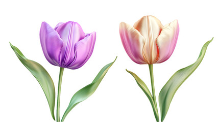Obraz premium Two Colorful Tulips with Pink and Purple Petals Isolated on Transparent Background for Springtime Decoration and Floral Arrangement with Detailed Petal Texture