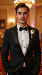 Stylish man posing confidently in a tuxedo at a festive venue  
