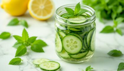 A high-quality, fresh and vibrant still life composition featuring a glass jar filled with thinly sliced cucumbers and fresh mint leaves