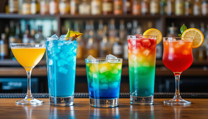 A vibrant and colorful display of cocktails on a bar counter, each drink showcasing bright and distinct colors such as blue, red, yellow, and green