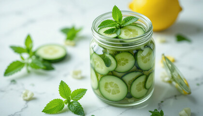 A high-quality, fresh and vibrant still life composition featuring a glass jar filled with thinly sliced cucumbers and fresh mint leaves