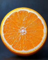 A cross section reveals an orange fruit on dark background