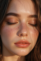 Fototapeta premium Closed Eyes Portrait of a Young Beautiful Woman with Glowing Skin in Warm Sunlight. Closeup of Sun Kisses Photography.