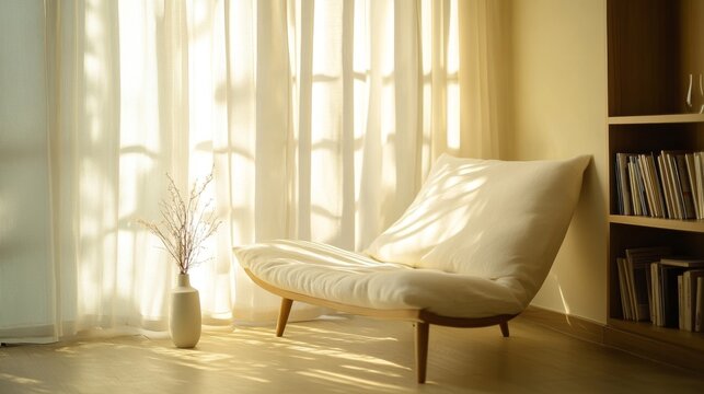 105.A clean and modern relaxation area with a comfortable sofa, a neatly organized book rack, a small vase adding a decorative touch, and sheer curtains subtly framing the cozy corner of the room.