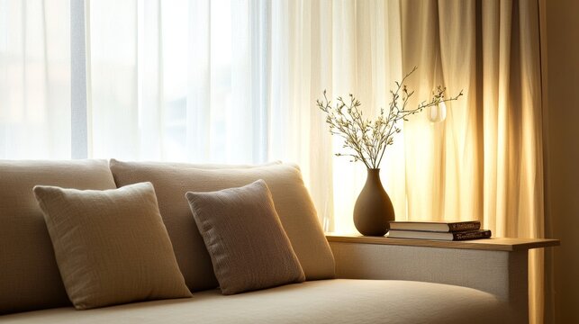 105.A clean and modern relaxation area with a comfortable sofa, a neatly organized book rack, a small vase adding a decorative touch, and sheer curtains subtly framing the cozy corner of the room.