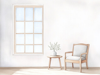 Watercolor Illustration of a Cozy Room with a Window and Chair