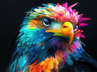 Obraz premium Stunning close-up eagle portrait with dark background, vibrant double exposure paint effect, blending realism and artistic illustration.