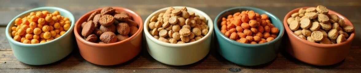 Multiple bowls filled with different types of natural dry dog food , pet photography, pet care, various kibble