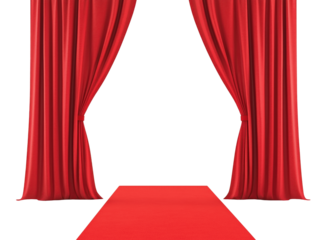 Open red curtains with red carpet isolated on transparent background