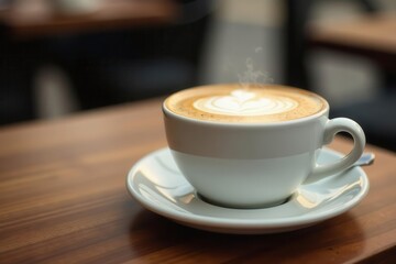 Obraz premium Steaming cappuccino in a white cup, wooden cafe table , surface, food