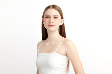 A beautiful young woman with clean, fresh skin against a white background. Skincare, facial treatment, cosmetology, beauty, and spa themes. An elegant portrait of an woman.