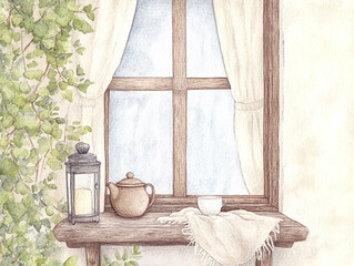 Rustic Windowsill Scene: A Watercolor Painting