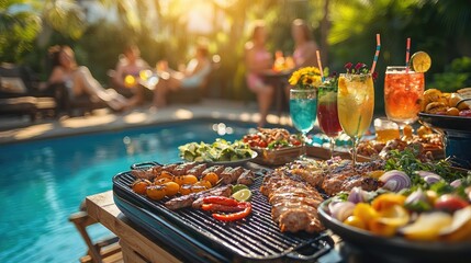Friends Enjoying BBQ Meal in Backyard with Grilled Delights