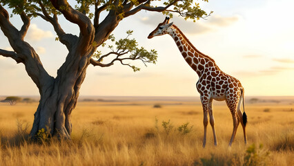 Giraffe Grazing by Tree in Golden Savannah Sunset Scene