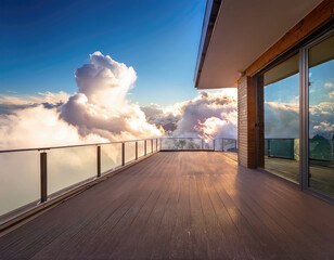 Naklejka premium Cloudscape Balcony: a sleek, modern architectural design featuring a pristine, airy balcony against the backdrop of a vibrant, bright, and fluffy clouds.
