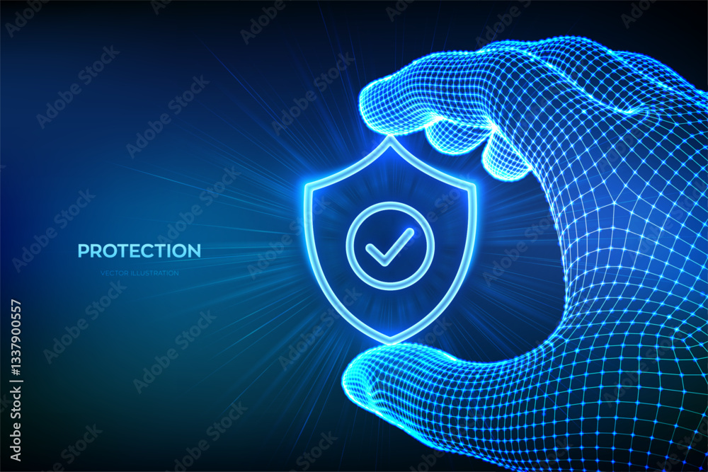 Wall mural security shield. cyber security. protection shield with check mark icon in a wireframe hand. cyber d