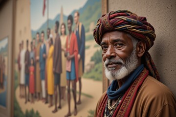 Obraz premium Elderly African Male in Traditional Attire with Colorful Turban Posed Against a Historical Mural Depicting a Group of People