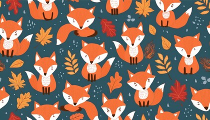 Seamless pattern with cute foxes with autumn leaves. Hand-drawn childish background 