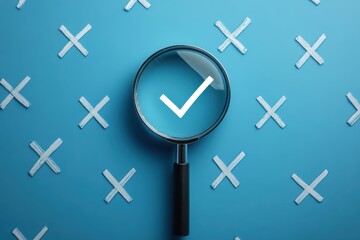 a magnifying glass emphasizing a white check mark among crossed out icons on a blue background.