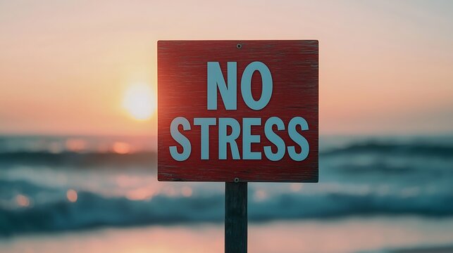 A vibrant sunset sign reading "NO STRESS" near the ocean, symbolizing relaxation and peacefulness.