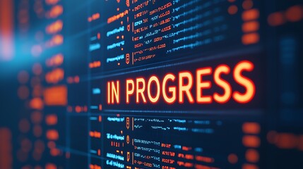 A digital interface displays code with the phrase "IN PROGRESS" highlighted, indicating ongoing development or processing tasks.