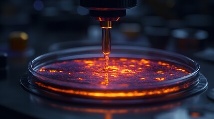 Obraz premium In a lab, a pipette drops a liquid sample into a petri dish with a glowing purple bacterial culture, against a dark background with a bokeh effect