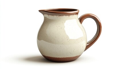 Cream-colored ceramic pitcher with brown rim and handle, isolated on white.