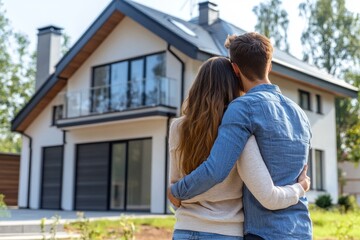 Couple enjoying the moment in front of their big new home, with mortgage and home loan in hand