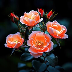 Orange roses in bloom, showcasing delicate petals and lush green leaves.