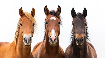 Obraz premium Group of three young horses on the pasture, on white background 