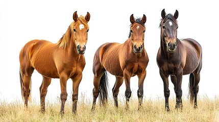 Obraz premium Group of three young horses on the pasture, on white background 