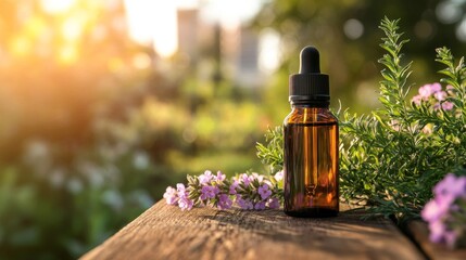 Against a blurred background of natural sunlight and green foliage, an amber glass bottle with essential oil and dried herbs sits on a wooden surface, symbolizing aromatherapy