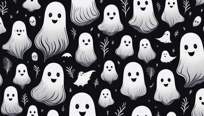 Halloween modern ghost cartoon seamless pattern illustration. Black and white October holiday