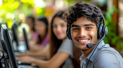 In a modern call center, a smiling young South Asian male customer service rep, wearing a headset, works at a computer against a bokeh background