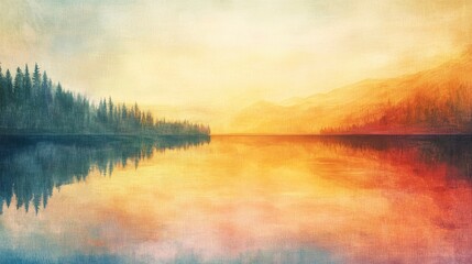 Obraz premium Serene Sunset over Mountain Lake with Silhouetted Trees - Artistic Landscape Painting