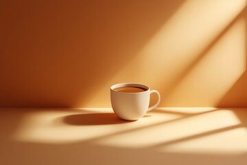 On a beige background, a white ceramic coffee mug is illuminated by dramatic diagonal shadows, creating a minimalist composition ideal for product photography