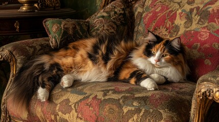 A calico cat rests on a vintage red damask sofa with an ornate wooden frame, striking a regal, relaxed pose against the luxurious floral upholstery