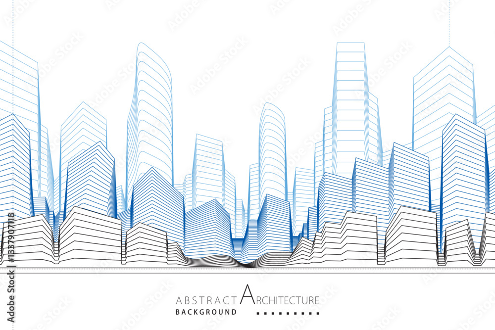 Poster 3d illustration featuring an abstract and imaginative line drawing of modern urban architecture desi
