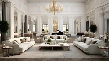 Elegant cream sofas grace a grand, sunlit palace ballroom, creating a luxurious and serene atmosphere with soft lighting and a subtly blurred background.