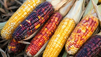 Ears of colorful flint corn with various shades of yellow, purple, red, and orange, displayed on dried corn husks	