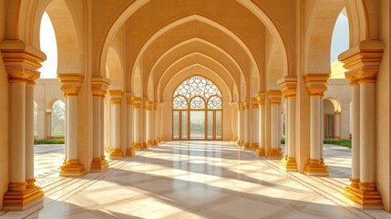 Inside the mosque, pointed arches and an ornate wooden door highlight the symmetrical design, with the soft beige stone walls and marble flooring featuring intricate geometric patterns