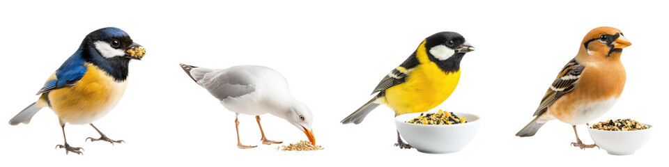 Fototapeta premium A diverse group of colorful songbirds including a titmouse chickadee and finch perched on branches and feeding on a tray of bird seed in a natural outdoor setting