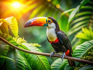 Fototapeta premium Vibrant Toucan Macro: Lush Tropical Rainforest Bird Close-Up