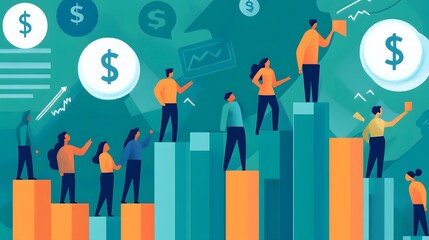 A group of people are standing on a series of steps, with each step representing a different amount of money. Concept of financial success and the importance of hard work