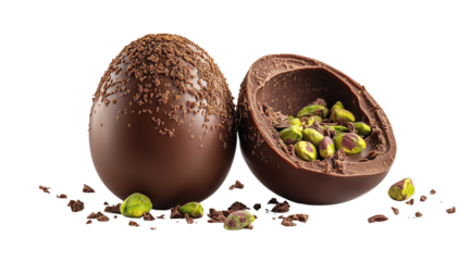 PNG, Easter chocolate, set of chocolate eggs, with a pistachio in the middle, isolated on a white background, created with Generative AI technology