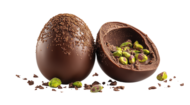 PNG, Easter chocolate, set of chocolate eggs, with a pistachio in the middle, isolated on a white background, created with Generative AI technology