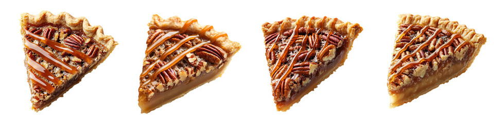 Close up shots of several mouthwatering slices of freshly baked pecan pie a classic Southern dessert made with a buttery crust and a gooey caramelized pecan filling