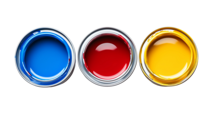 Paints in cans of different colors isolated on a white background, top view, created with Generative AI technology, PNG