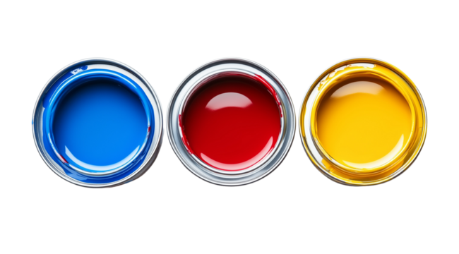 Paints in cans of different colors isolated on a white background, top view, created with Generative AI technology, PNG