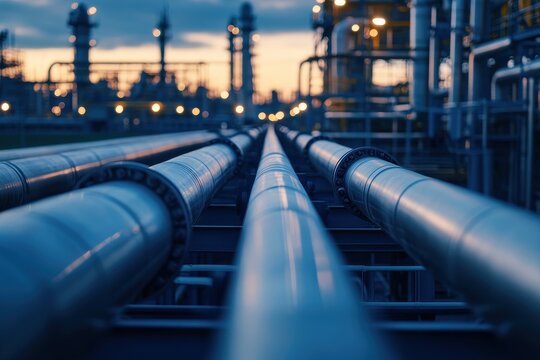 Intricate close-up of pipelines and pipe racks used in petroleum, chemical, and hydrogen industries